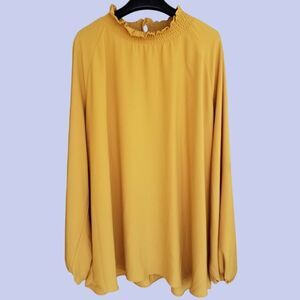 Persona by Marina Rinaldi Dress Blouse Gathered Neckline Long Sleeve Gold Satin